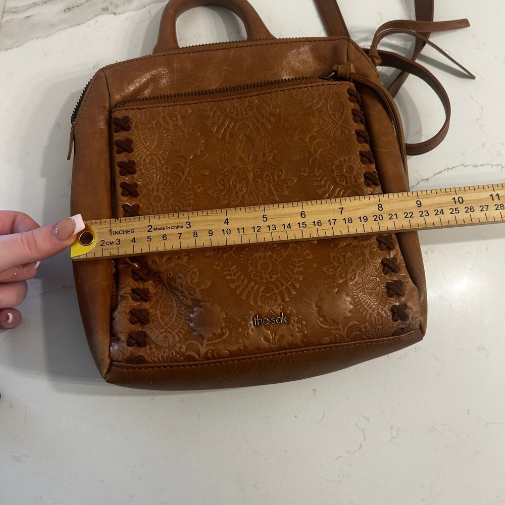 The Sak Crossbody Backpack Cognac Leather Floral Embossed Boho Western Bag - Picture 9 of 11